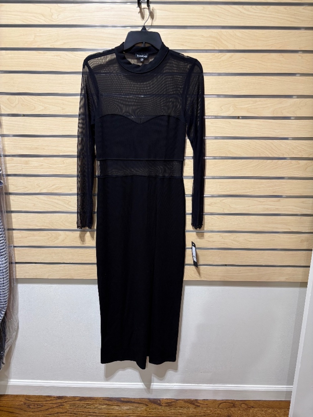 Bebe black sheer mesh panel midi dress size M